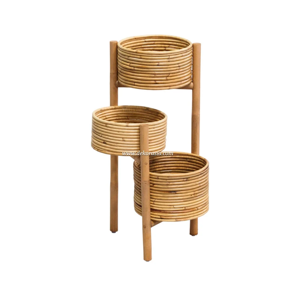 Handmade Eco-Friendly Rattan 3-Tier Modern Customizable Plant Stand Corner Shelf Indoor/Outdoor Use Flower Pot Holder 3-Pot
